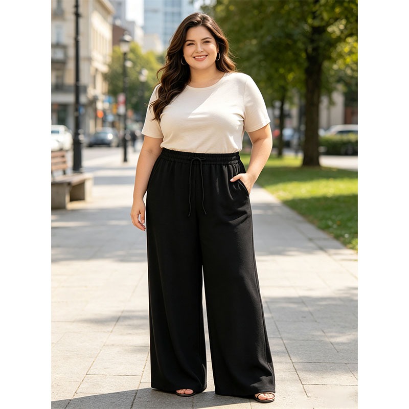 กาเกงขายาวผู้หญิง ทรงกระบอกใหญ่ สีพื้น ขนาด plus size เอว 34 - 44 นิ้ว สะโพกยืดได้ถึง 50 นิ้ว