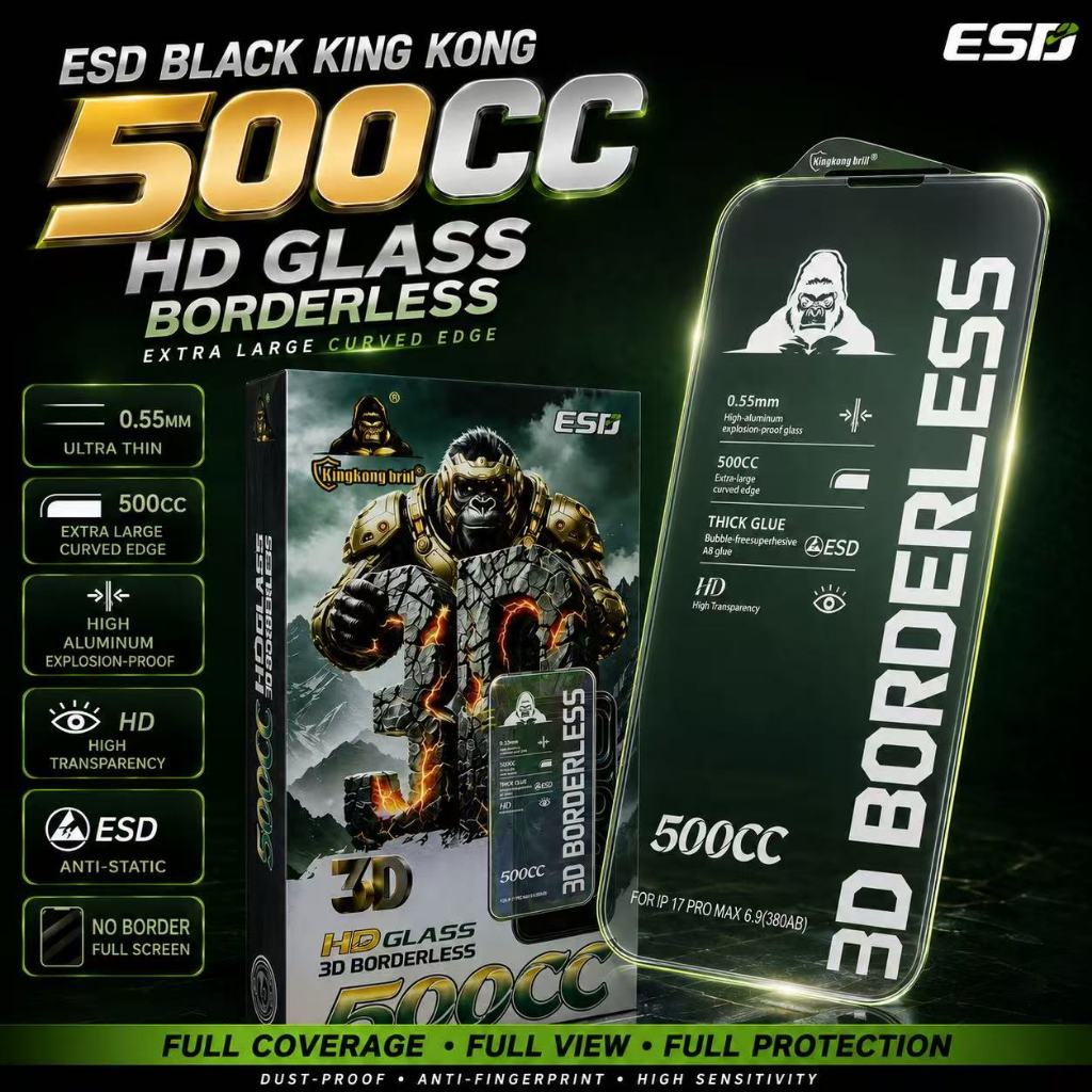 ฟิล์มกระจก ESD Black KingKong 500CC ไร้ขอบใส 3D ขอบโค้งใหญ่ กระจกอลูมิเนียม HD เต็มจอ ไม่บังหน้าจอ ใสคมชัด ติดง่าย