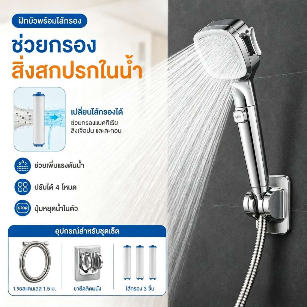 หัวฝักบัวกรองน้ำแรงดันสูง 4 โหมด ปุ่มหยุดน้ำ เปลี่ยนไส้กรองได้ พร้อมสายสแตนเลส 1.5 ม. ขายึดผนัง ไส้กรอง 3 ชิ้น