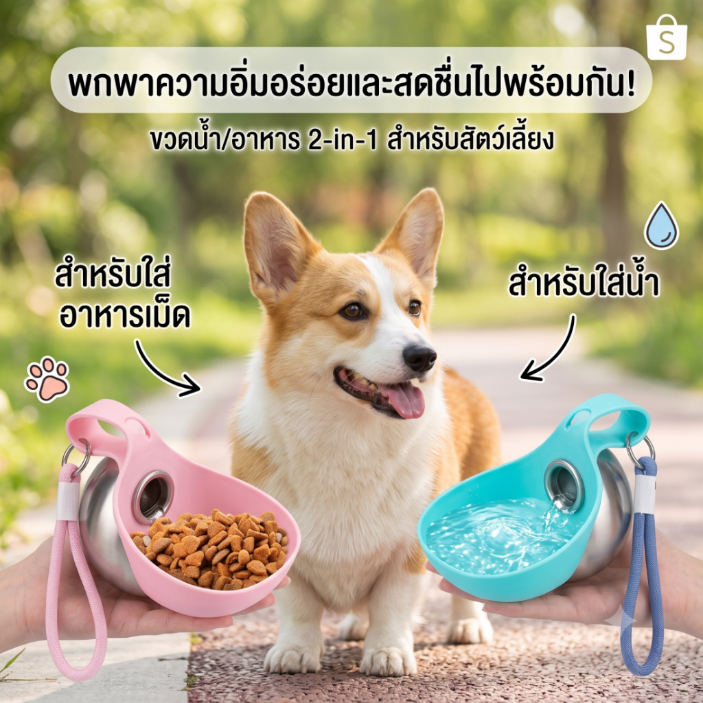 ขวดน้ำสัตว์เลี้ยง แบบพกพา 2in1 กระบอกน้ำสุนัข แมว สแตนเลส 304 พับได้ ใส่น้ำและอาหาร ป้องกันการรั่ว เดินทาง