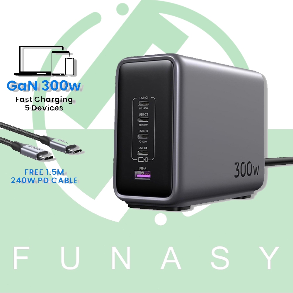 UGREEN 300W ชาร์จเจอร์ USB C, สถานีชาร์จ 5 พอร์ต GaN, ชาร์จเร็ว PD3.1 พอร์ตเดียวสูงสุด 140W
