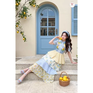 (มี3XL) Maria Diamond สีฟ้าเหลือง Double Lime Dress เดรสยาวผ้าชีฟองกลิตเตอร์พิมพ์ลาย ดีเทลกระโปรงเลเยอร์ ซิปหลัง มีซับใน
