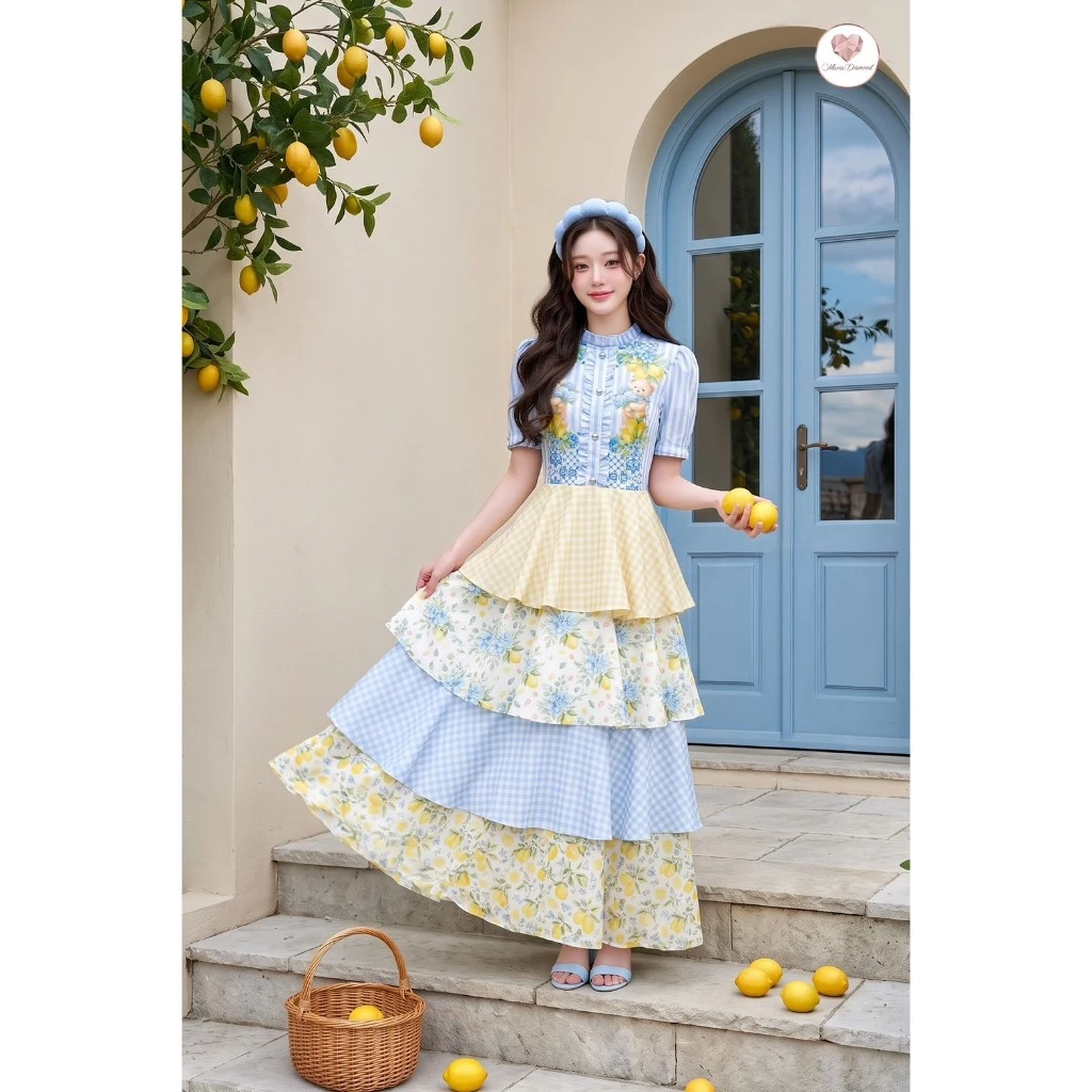 (มี3XL) Maria Diamond สีฟ้าเหลือง Double Lime Dress เดรสยาวผ้าชีฟองกลิตเตอร์พิมพ์ลาย ดีเทลกระโปรงเลเยอร์ ซิปหลัง มีซับใน