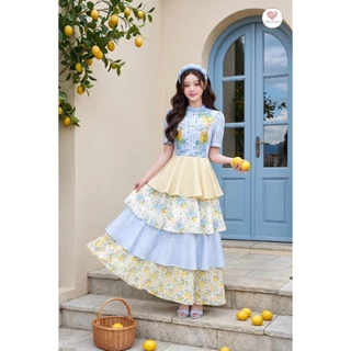 (มี3XL) Maria Diamond สีฟ้าเหลือง Double Lime Dress เดรสยาวผ้าชีฟองกลิตเตอร์พิมพ์ลาย ดีเทลกระโปรงเลเยอร์ ซิปหลัง มีซับใน