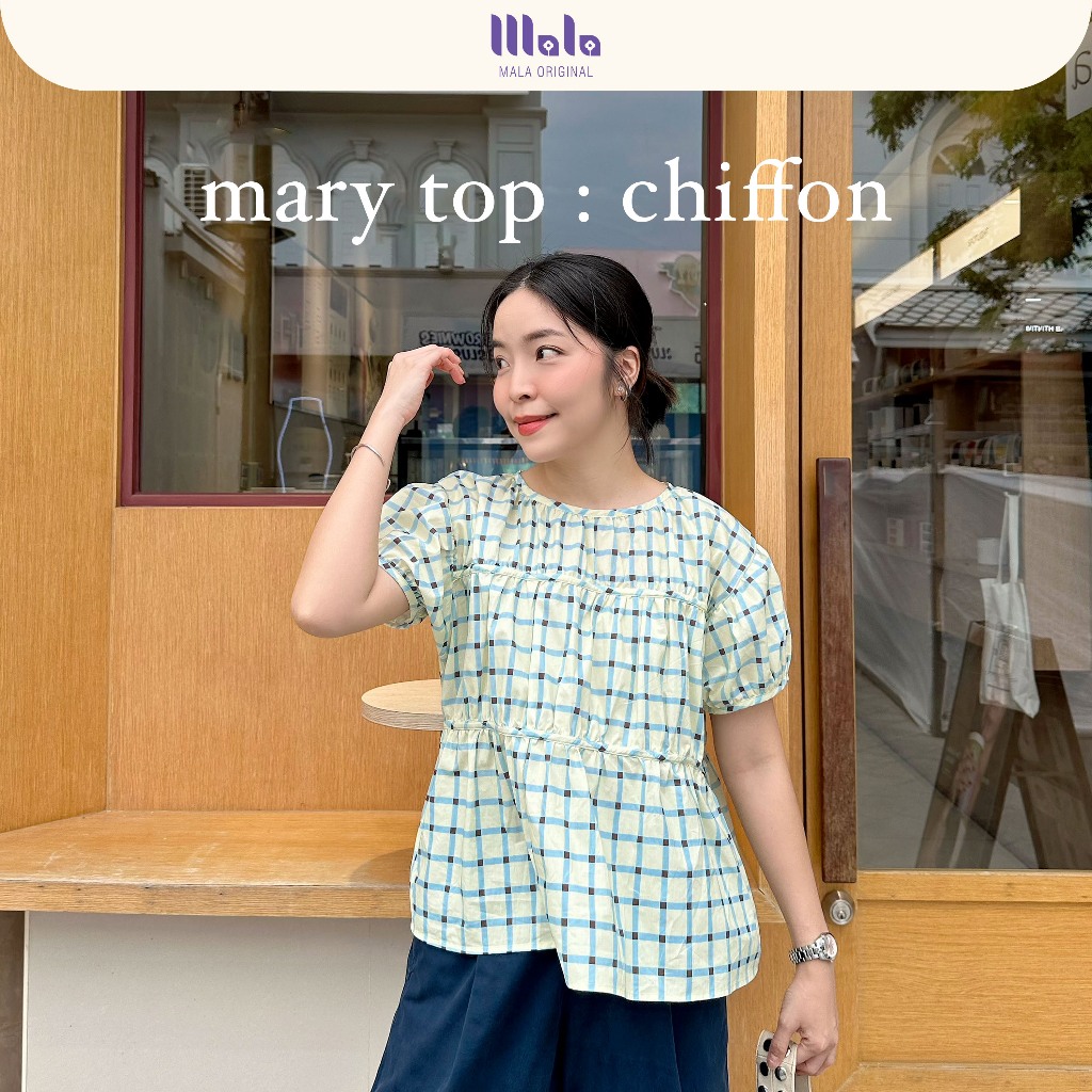 MalaOriginal |【new】Mary Top : Chiffon 🧁เสื้อระบายแขนพอง ลายตารางสไตล์เกาหลี โทนพาสเทล สวมใส่สบาย