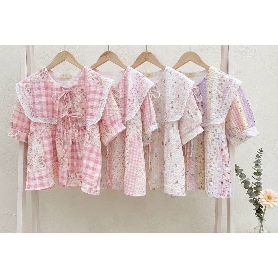 ป้าย lilly เสื้อผ้าบับเบิ้ลพิมพ์ลายแต่งปกเหลี่ยมแขนสั้น อก 41 นิ้ว ยาว 19 นิ้ว