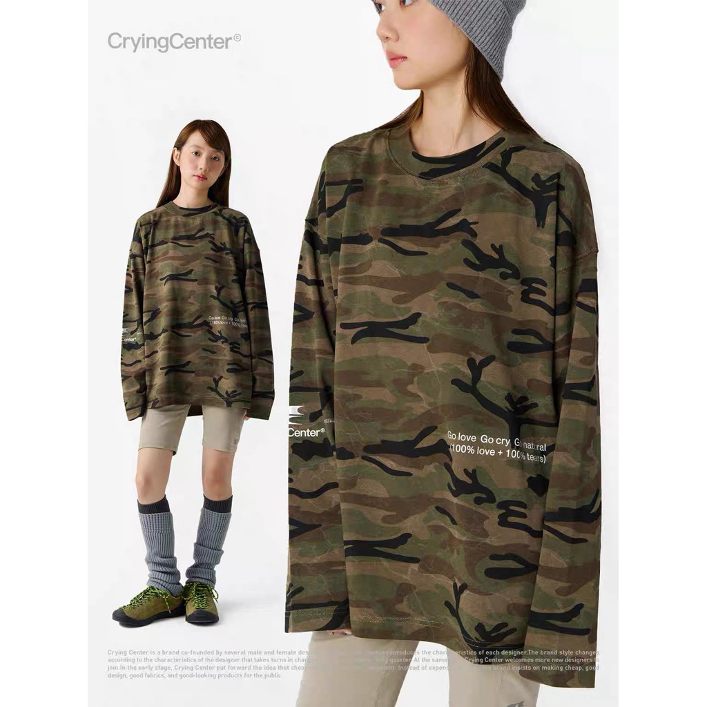 CryingCenter เสื้อยืดคอกลมแขนยาว ผ้าฝ้าย 100% นุ่ม ใส่สบาย Camouflage Long Sleeve T-Shirt