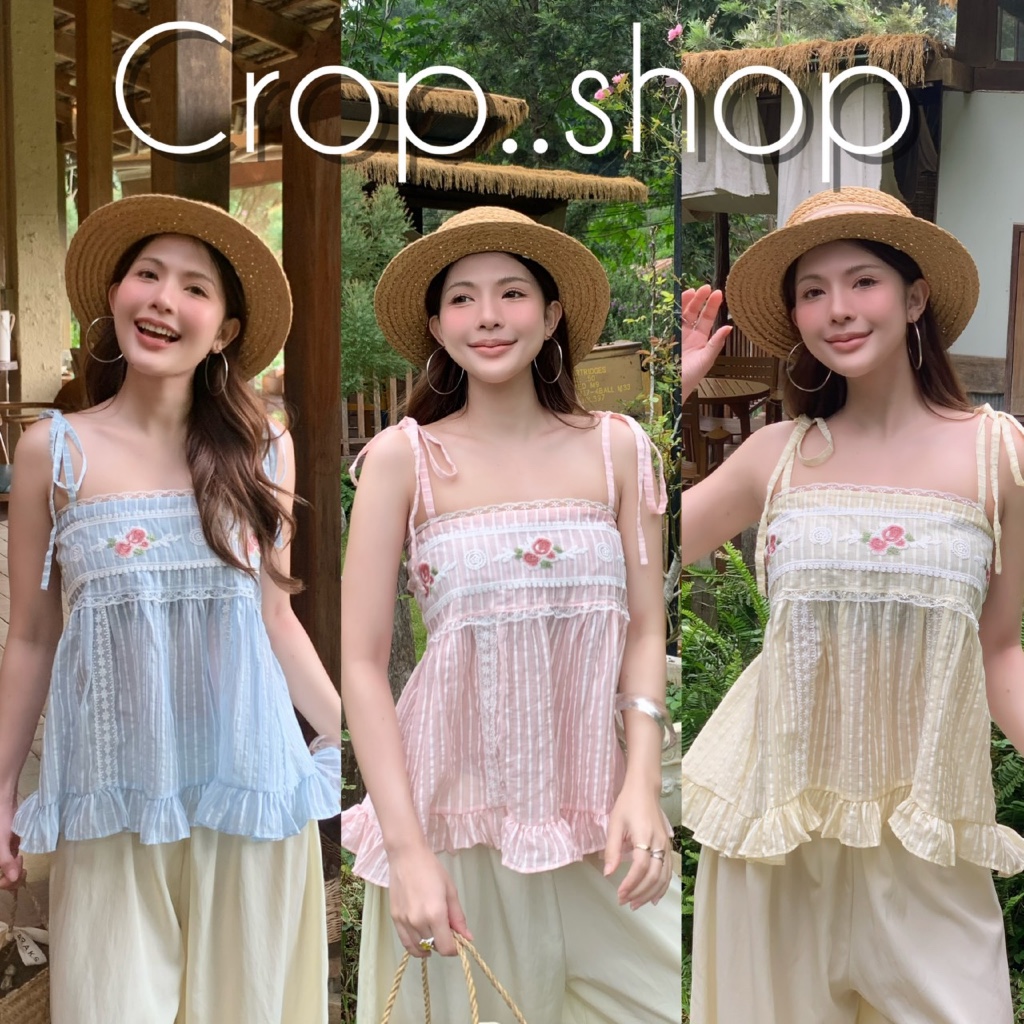 crop..shop เสื้อสายเดี่ยว ลายดอกไม้ ลมุนน่ารัก สายผูกปรับได้ ปล่อยชายกระโปรงพริ้วสวย เลิศมาก