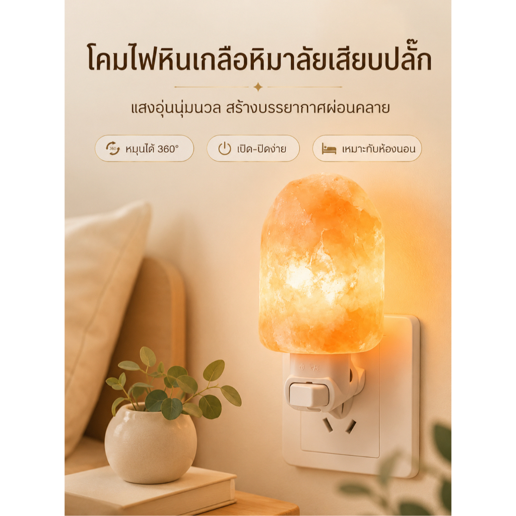 โคมไฟหินเกลือหิมาลัยเสียบปลั๊ก ไฟกลางคืนแสงวอร์มไวท์ ปลั๊กหมุนได้ 360° พร้อมสวิตช์ เปิด-ปิด