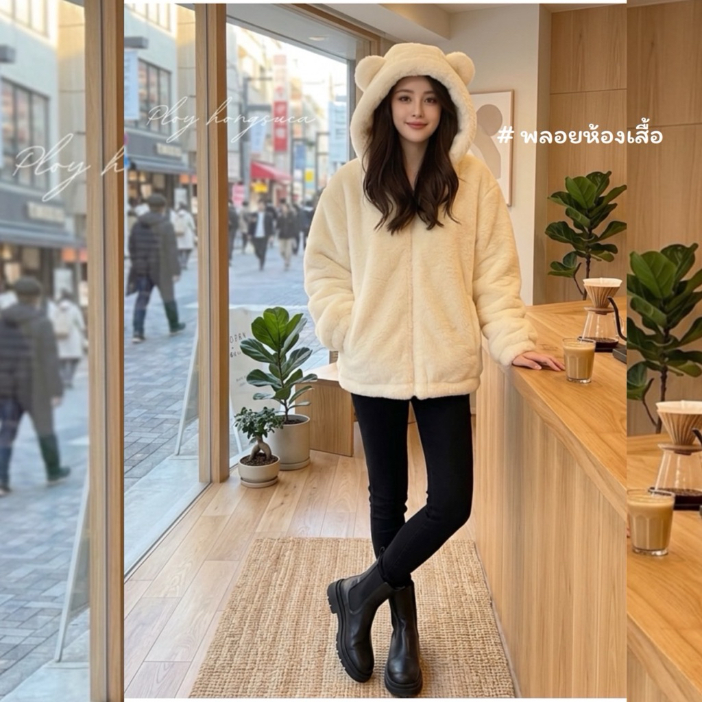 L89 เสื้อคลุมผ้าขนสัตว์เทียมซับในหนัง แบบมีฮู้ดแต่งหู รุ่นหนา นุ่มสบายผิว ซิปรูดแข็งแรง