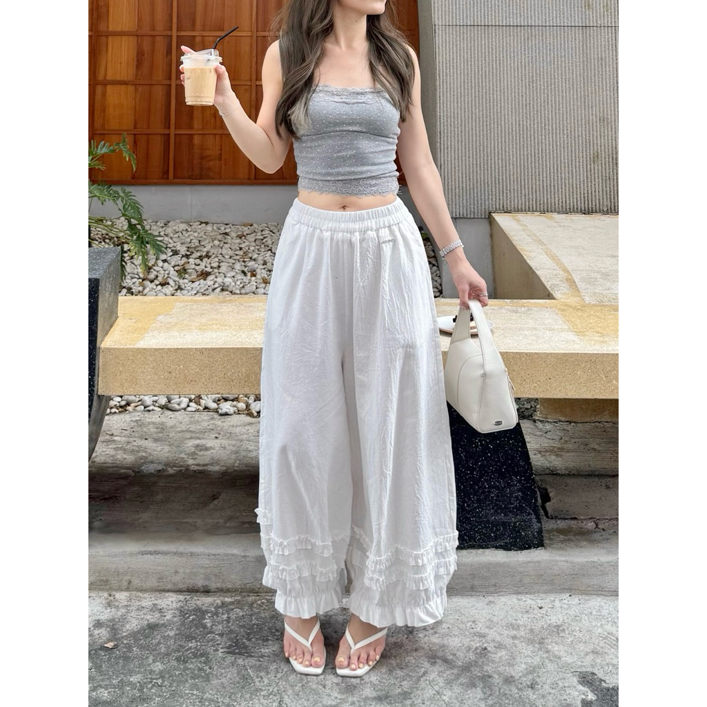 Jinny Pants *พร้อมส่ง* กางเกงขายาวทรงจินนี่ ผ้าลินิน แต่งชายระบาย มีกระเป๋าข้าง ใส่สบาย