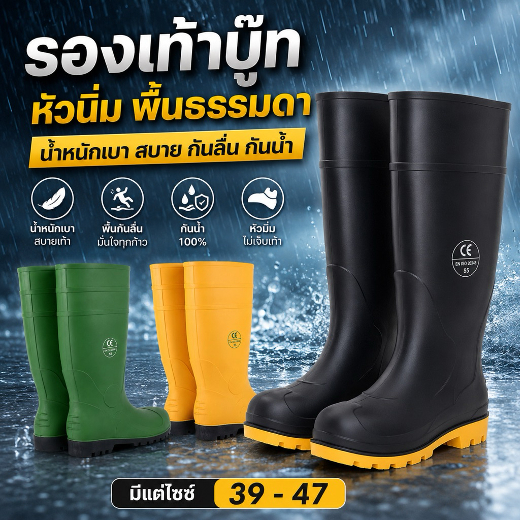 รองเท้าบูทยาง มีซับใน กันน้ำกันลื่นได้ดี