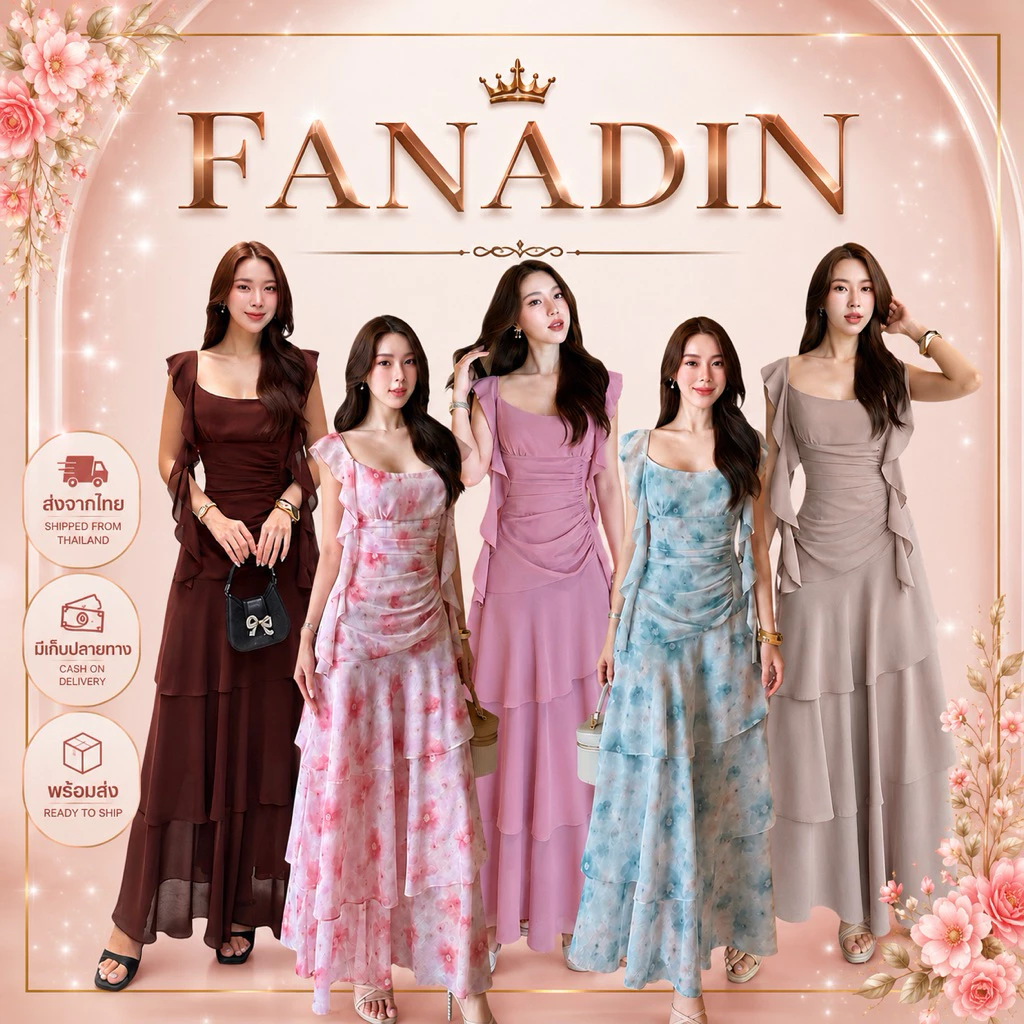 ชุดเดรส ชุดออกงาน ชุดราตรี FP080 เกรดพรีเมี่ยม สายเดี่ยว ผ้าชีฟอง
