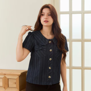 Glucoat | [A869] เสื้อยีนส์คอบัวแขนสั้น กระเป๋าโบว์หน้า กระดุมหน้าใช้งานได้จริง