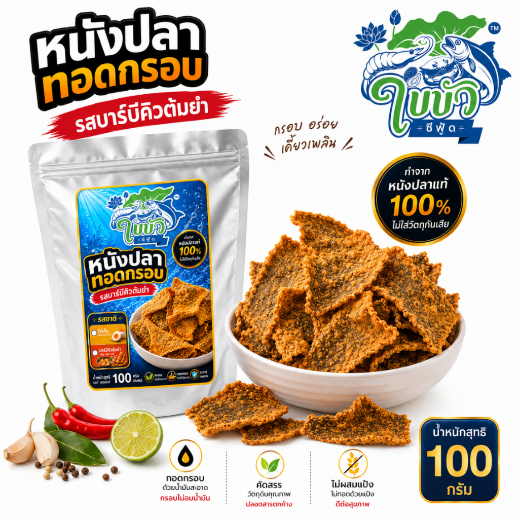 หนังปลาทอดกรอบ ใบบัว ซีฟู้ด รสบาร์บีคิวต้มยำ 100 กรัม หนังปลาแท้ 100% กรอบ อร่อย ถุงซิปล็อก