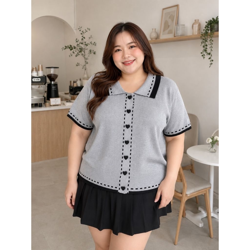 บิ๊กไซส์ เสื้อไหมพรมคอปก กระดุมหัวใจ หน้าผ้า 52-60 ยาว 27 นิ้ว