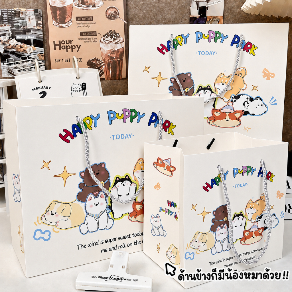 🐶ถุงของขวัญลายสุนัขน่ารัก 3ไซส์ สไตล์เกาหลี Happy Puppy Park กระดาษหนา หูเชือกแข็งแรง ใส่ของขวัญ วันเกิด น้องหมา