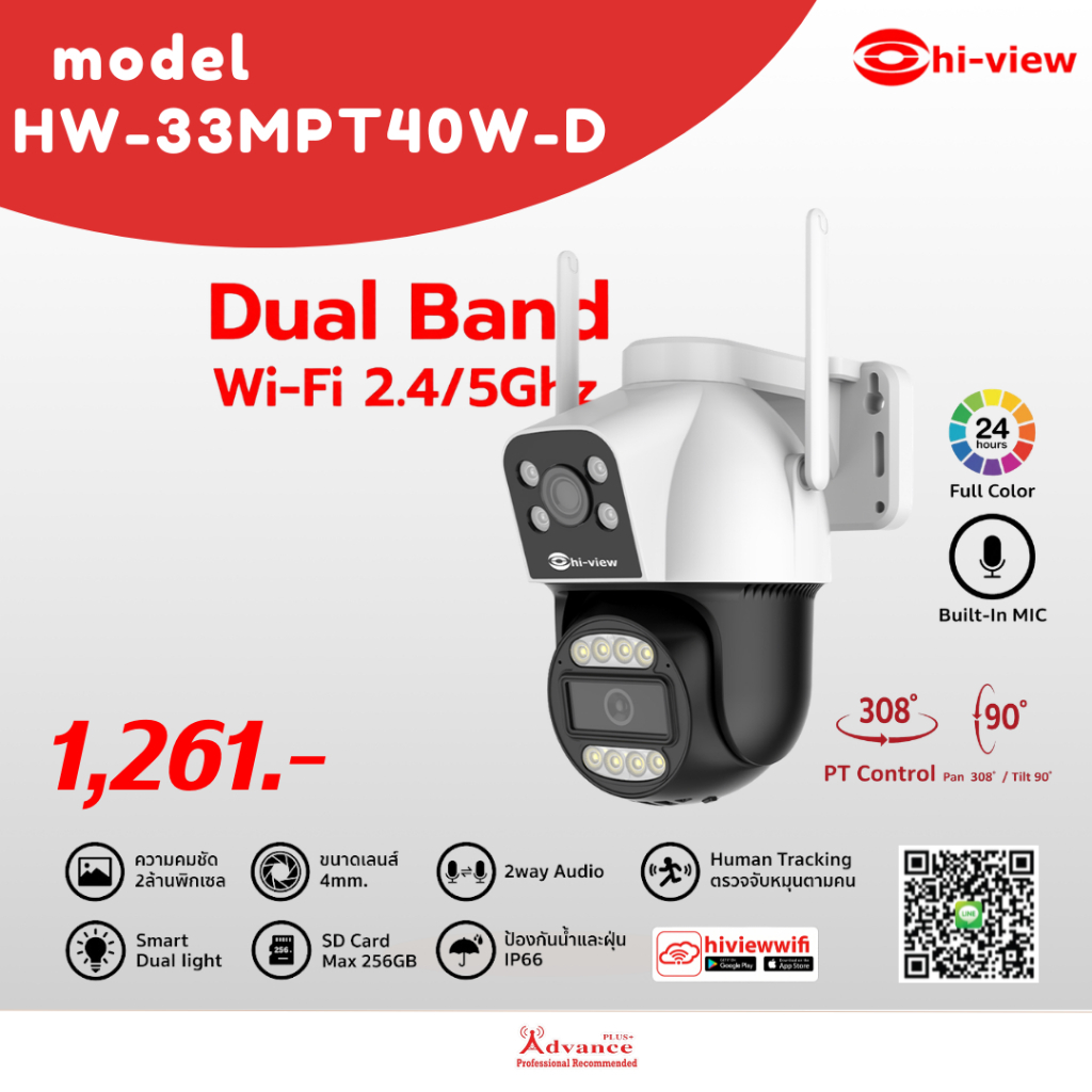 Hi-view กล้องวงจรปิด AI รุ่น HW-33MPT40W-D หมุนตามบุคคลอัตโนมัติ มุมกว้าง ความคมชัดระดับสูง ดูผ่านมื
