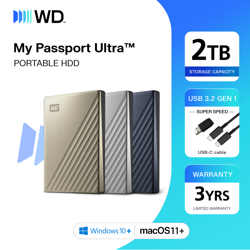 Western Digital HDD USB-C 2 TB External Harddisk ฮาร์ดดิสก์แบบพกพา รุ่น MY PASSPORT ULTRA ขนาด 2.5''