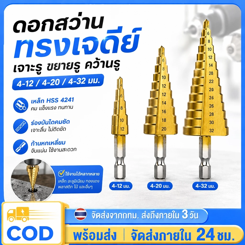 ชุดดอกสว่าน ชุดดอกเจดีย์ 3ชิ้น ชุดดอกเลื่อยไม้ เจาะขยาย คว้านรู ขนาด4-32มม. ดอกสว่านขนาด 3มม.6มม.8มม.