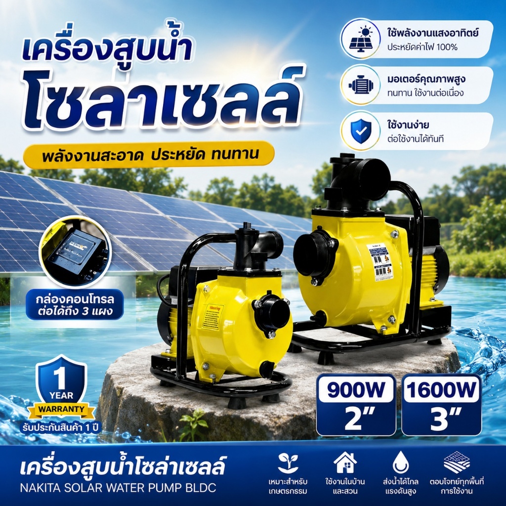 ปั๊มน้ำหอยโข่งโซล่าเซลล์ ปั๊มเพลาลอยโซล่าเซลล์ 900W/1600W 2นิ้ว/3นิ้ว DC แบตเตอรี่ หรือ แผงโซล่าเซลล