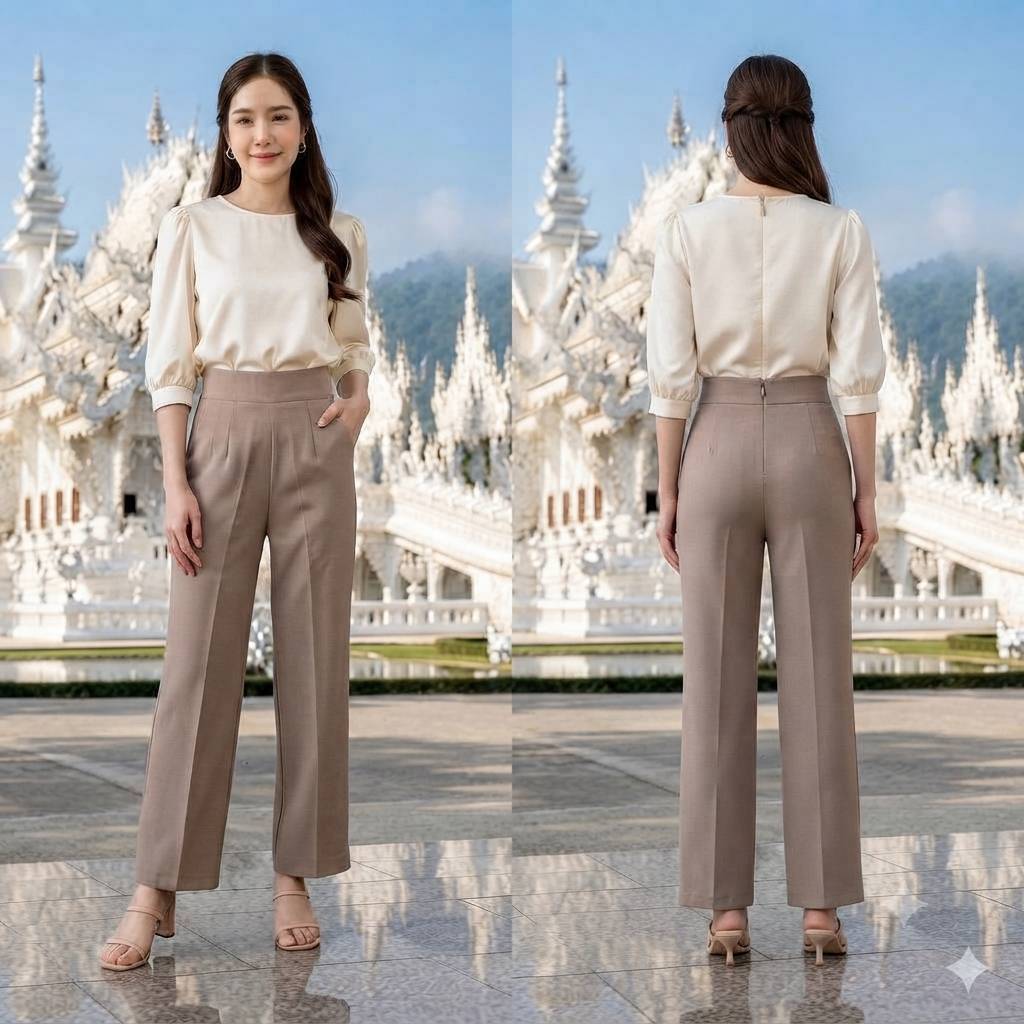 กางเกงขายาวกระบอกกลาง ซิปหลัง เอวสูง ทรงสวย.S-2XL