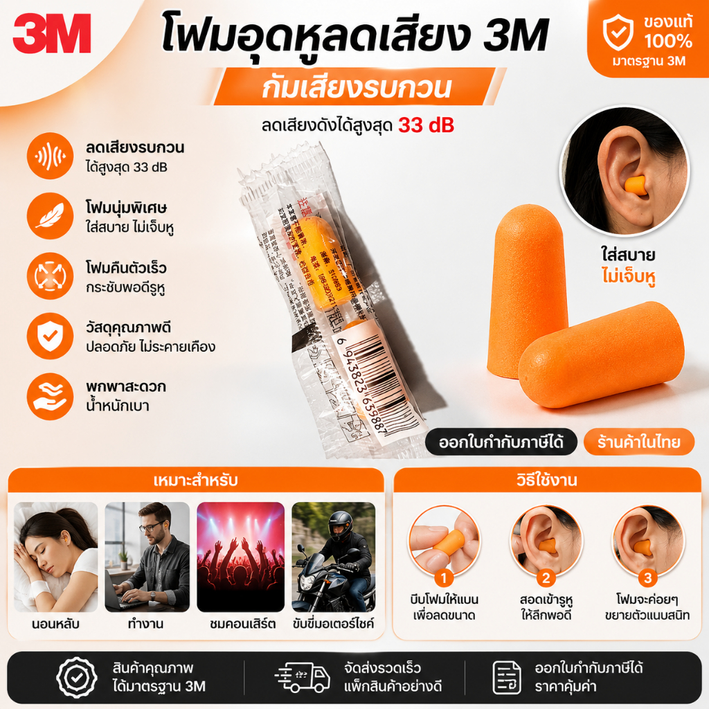 [ออกใบกำกีบภาษีได้] ที่อุดหูกันเสียงรบกวน 3M 1100 โฟมอุดหูลดเสียง โฟมอุดหู 3M รุ่น 1100  Earplug [1ค