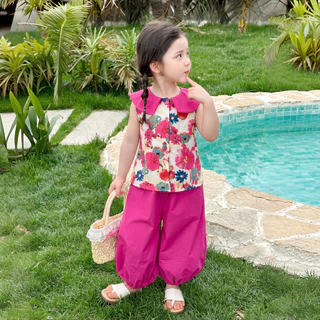 PRINCESS KESLI 1-9 ปี ชุดเด็กหญิงแฟชั่น 2ชิ้น เสื้อ+กางเกง คอตุ๊กตา แฟชั่นเด็ก ฤดูร้อน เสื้อกั๊ก เสื้อแขนกุด เด็กผู้หญิง