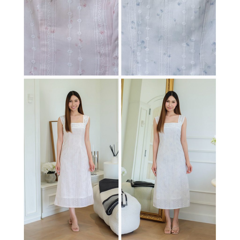 KK016 | เดรสยาวสายเดี่ยว(สายลูกไม้) ทรงเอเข้ารูป ผ้าคอตตอนสแตมป์ ( รบกวนดูไซส์ก่อนสั่ง)