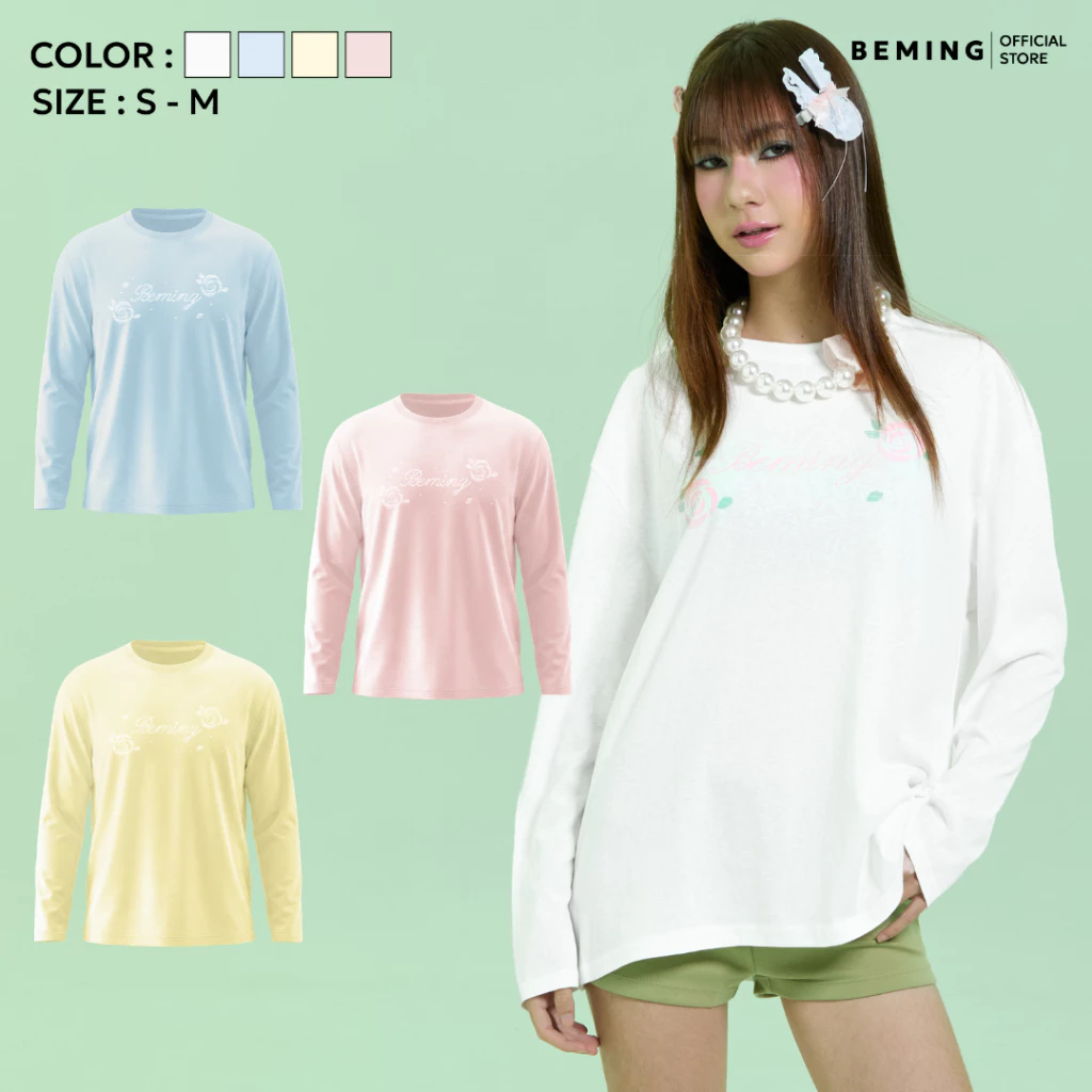 Bemingtop1244(S-M) - Rosie Top - เสื้อยืดแขนยาวดีไซน์เรียบดีเทลลายดอกกุหลาบ BEMING