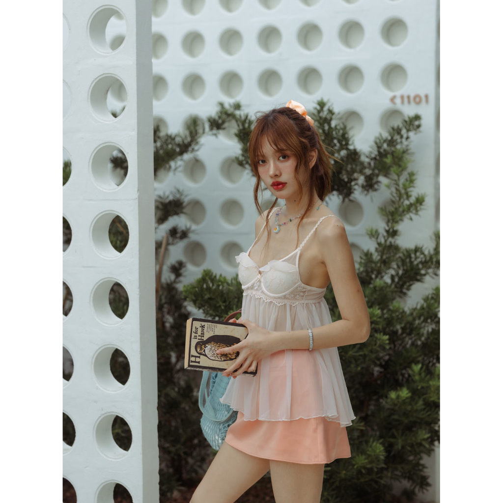 Everyday.We.Vacay - Sofia See Through Top -Coral Pink [พร้อมส่ง] ฟรีฟองน้ำดันทรง