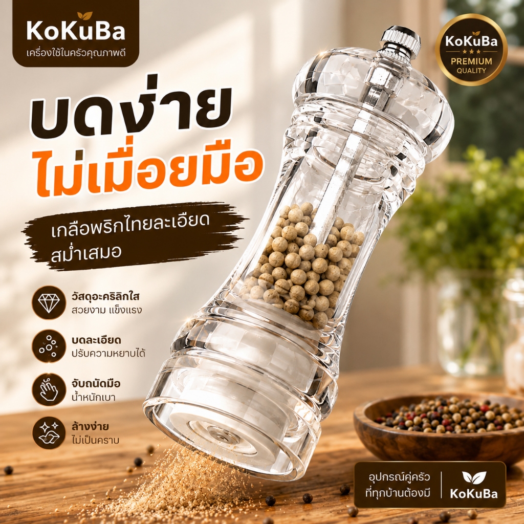 KoKuBa เครื่องบดพริกไทยแบบใช้มือแบบหลายขนาดพร้อมขวดเครื่องเทศเซรามิกที่ปรับความหยาบได้ เครื่องบดพริกไทยแบบอะคริลิกใส
