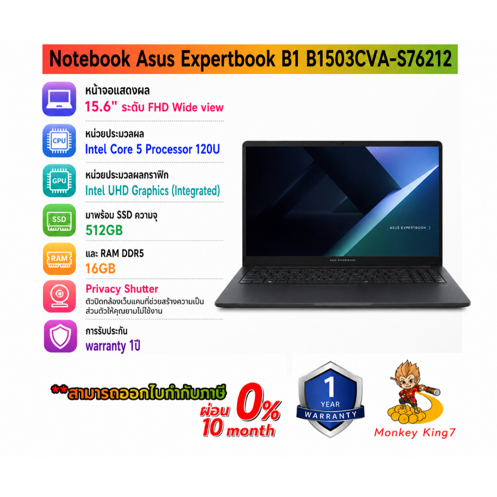 Notebook Asus ExpertBook B1503CVA-S76212 Core 5-120U/ 16GB/ 512GB M.2 SSD/ Intel UHD Graphics/15.6" 