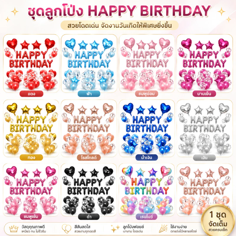 ชุดลูกโป่งวันเกิด เซตลูกโป่ง HAPPY BIRTHDAY พร้อมตกแต่งปาร์ตี้