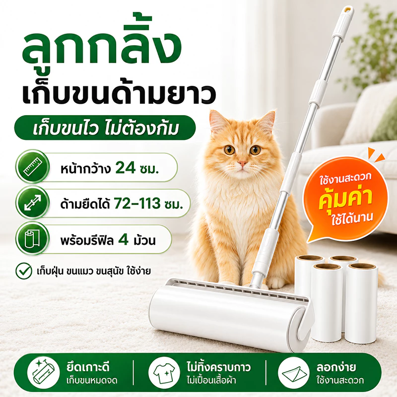 BaanBaan ลูกกลิ้งเก็บขน ขนาด24cm ที่กลิ้ง+10 ม้วนกาว ลูกกลิ้ง ลูกกลิ้งกระดาษกาว ลูกกลิ้งเก็บฝุ่น ลูกกลิ้งทําความสะอาด