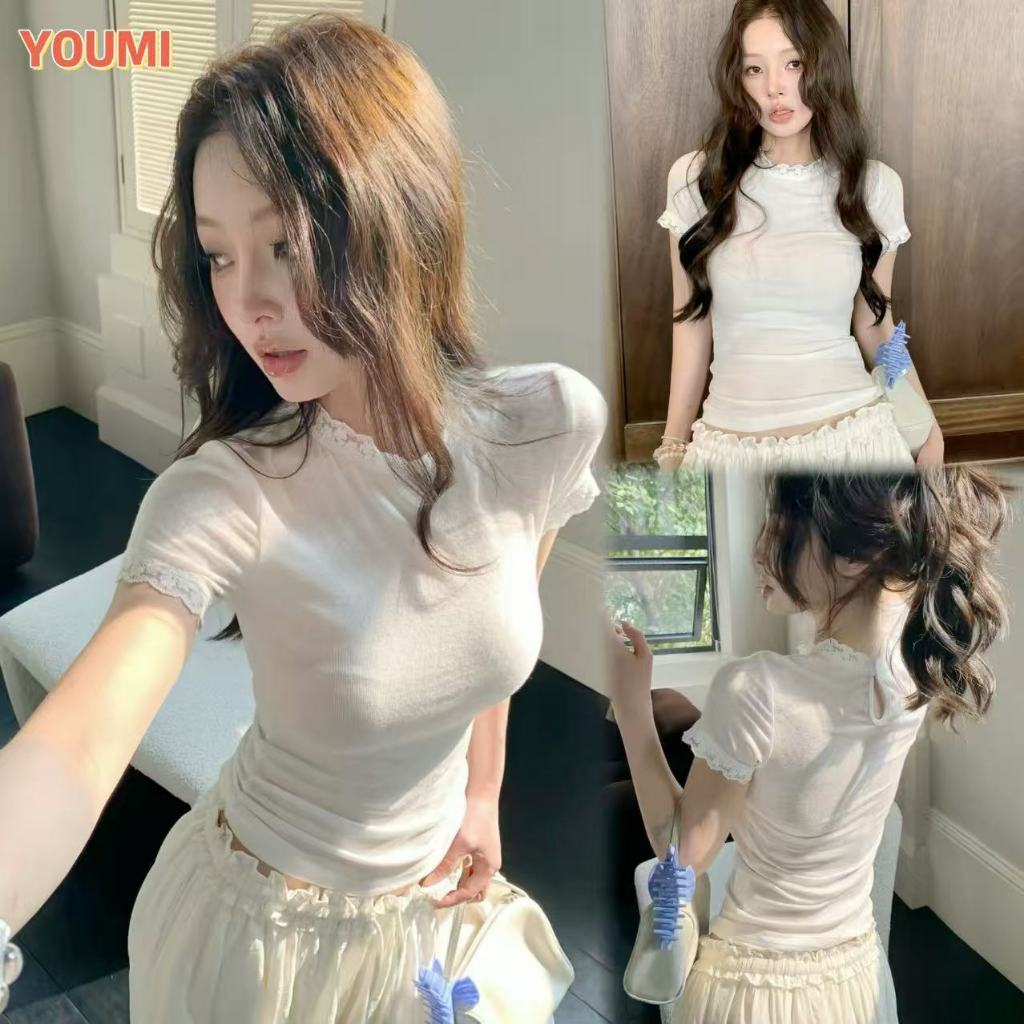YOUMI ส่งไวจากไทย เสื้อยืดแขนสั้นสไตล์เกาหลี แบบใหม่ ลายลูกไม้ คอปก ทรงสูง โชว์เอว ดูผอม ออกแบบหลังแบบเว้า ช่วยให้รูปร่า