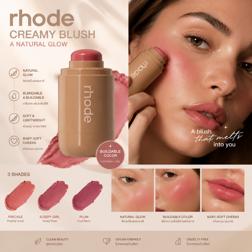 Rhode Pocket Blush บลัชออนครีม 5.3g แต้มง่าย เกลี่ยด้วยนิ้ว ไม่ต้องใช้แปรง เหมาะมือใหม่ เลือกสีได้