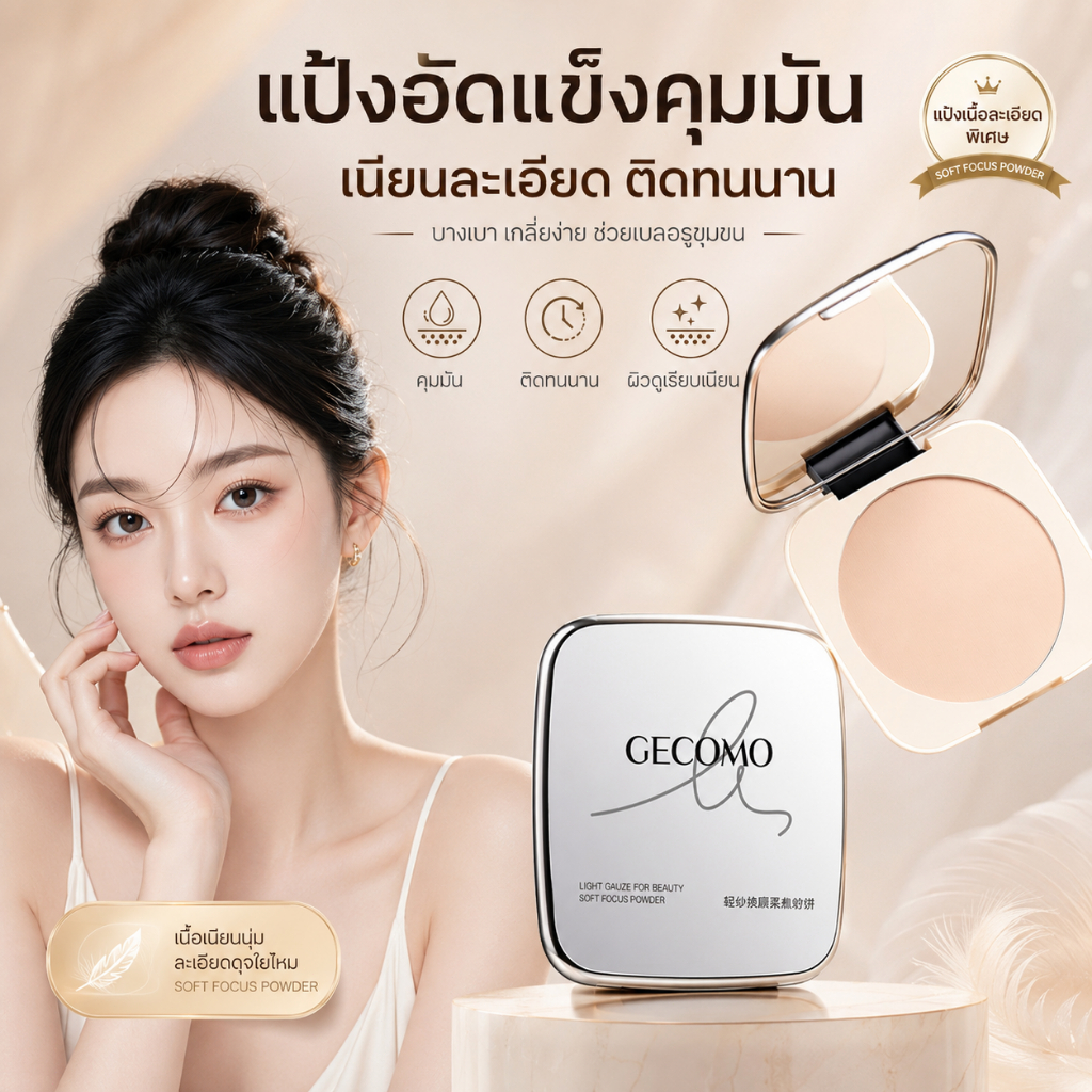 【สินค้าพร้อมส่ง】Gecomo แป้งอัดแข็ง ควบคุมความมัน ปกปิดดี เซตติ้งผิวเนียน กันน้ำกันเหงื่อ ติดทนนาน