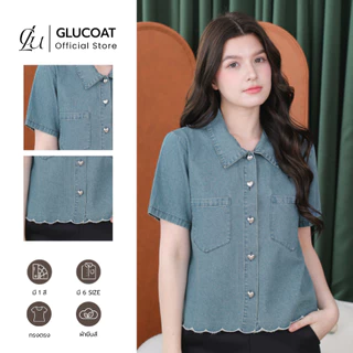 Glucoat | [T987] เสื้อยีนส์สีฟอกคอปกชายหยัก กระดุมหัวใจ แต่งกระเป๋าสองข้าง ผ้านิ่ม ใส่สบาย
