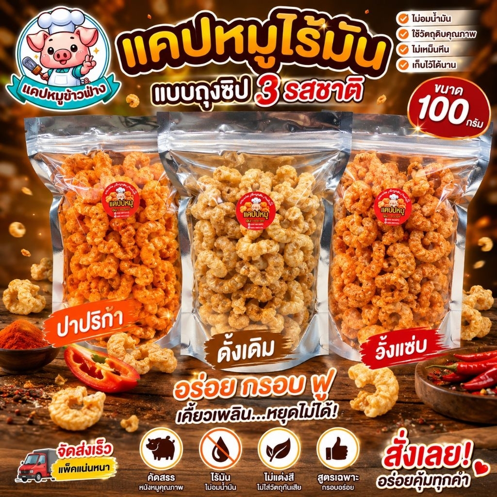 แคปหมูไร้มัน 3รสชาติ ดั้งเดิม/วิ้งแซ่บ/ปาปริก้า แบบถุงซิปล็อค 100g