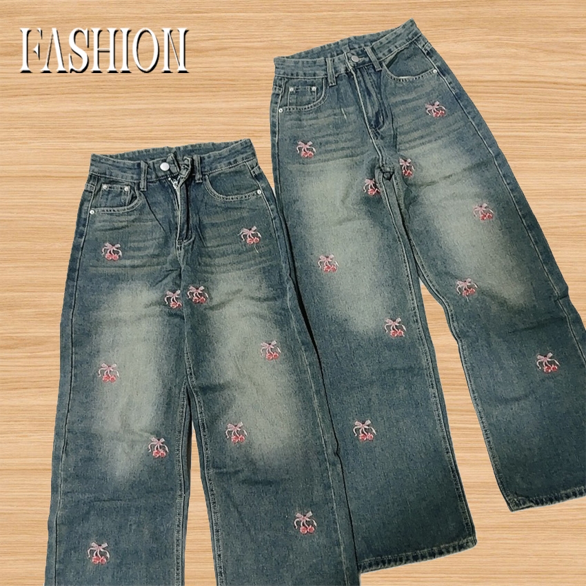 Fashion รุ่น 7708 กางเกงยีนส์ ทรงกระบอก แต่งเชอรี่ งานปัก สีสวย แต่งเฟดขา แต่งขาด ทรงสวยผ้าไม่ยืด