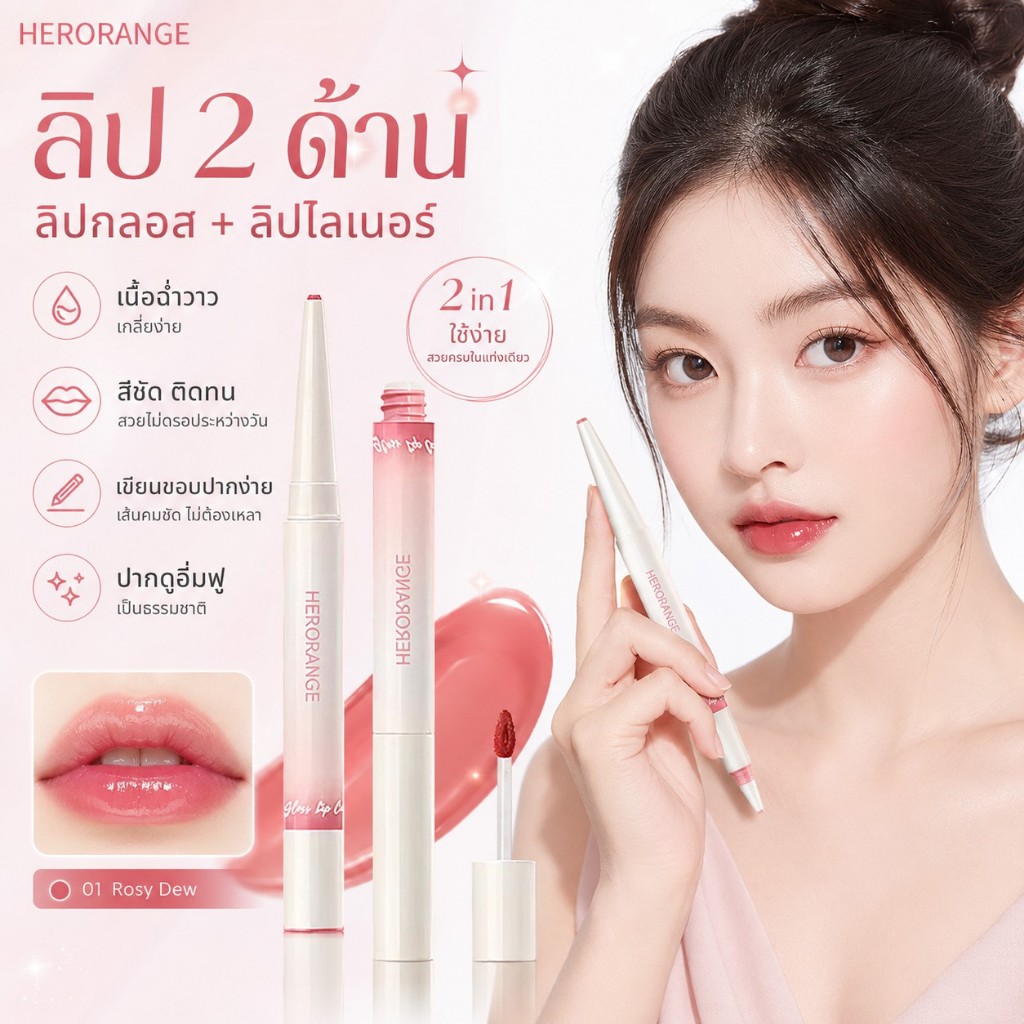 【สินค้าพร้อมส่ง】(ซื้อ 1 แถม 1) HERORANGE 2in1 ลิปทินต์ ลิปกลอส ดินสอเขียนขอบปากสองหัว