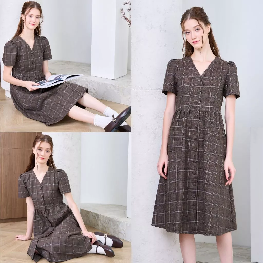 Cheryl brand - Kira Midi Button Dress in Coffee Tartan / เดรสลายสก็อตสีน้ำตาล