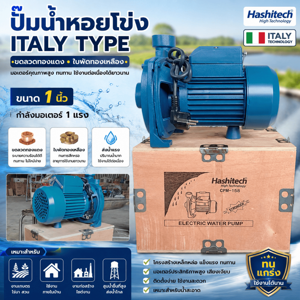 ปั๊มน้ำหอยโข่ง ปั๊มน้ำ 1นิ้ว 1 แรง หน้าใหญ่ แรง ITALY TYPE (ขดลวดทองแดง ใบพัดทองเหลือง) ปั้มน้ำ