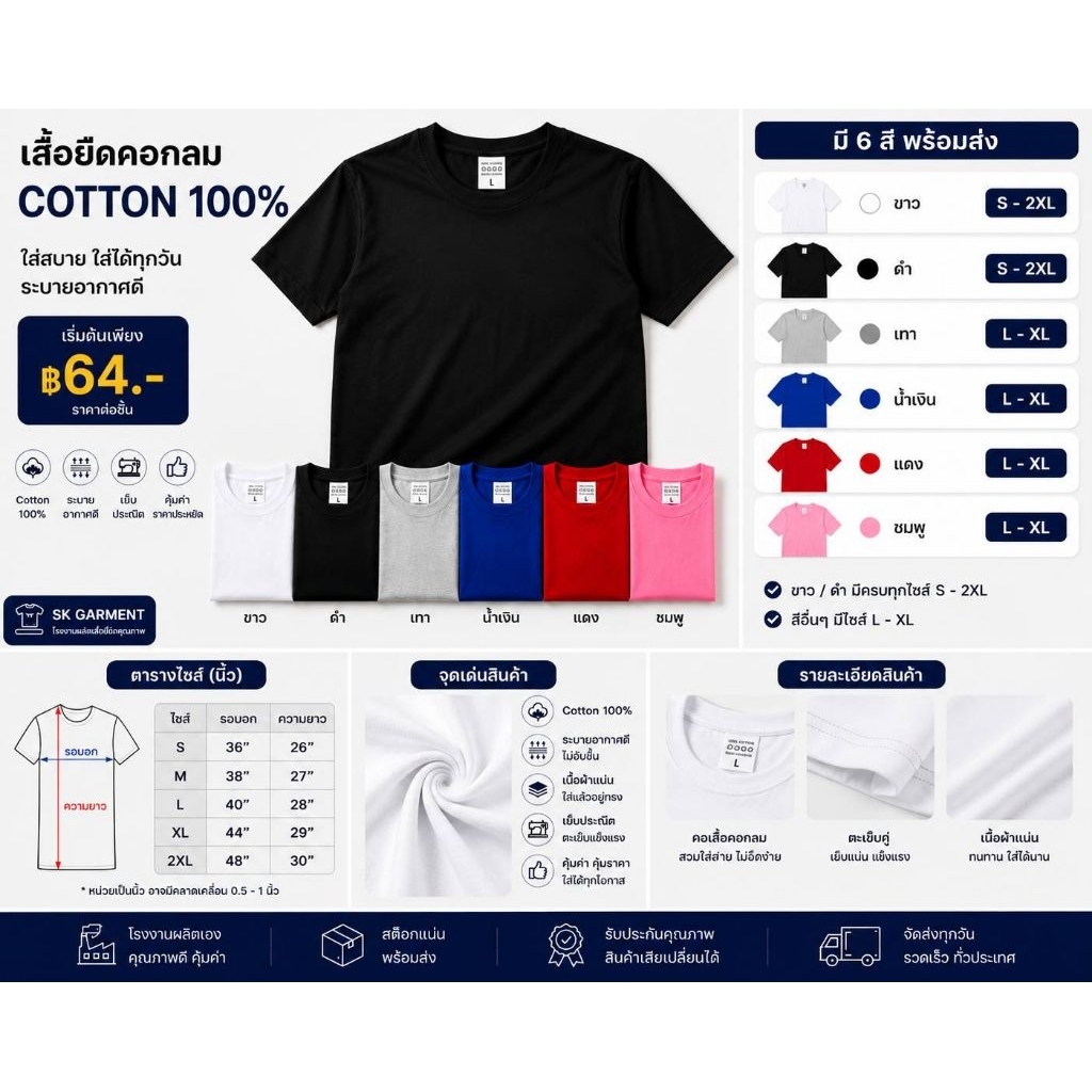เสื้อยืดคอตตอน100%แขนสั้น คอกลมสีพื้น เนื้อผ้าหนา ทรงสวย พร้อมส่ง