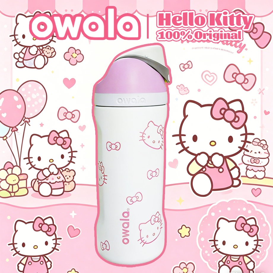 [ของแท้] ขวดน้ำสแตนเลส Owala Kid's FreeSip Kitty 16oz พร้อมหลอดดูด เก็บความร้อน-เย็นได้ดี น่ารัก ถูก