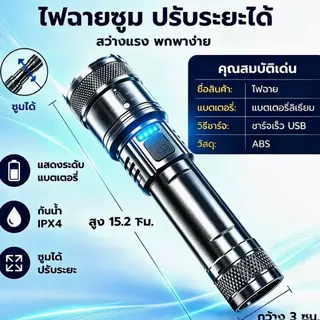 ไฟฉายโฟกัสซูมไ 3โหมด ไฟได้ ไฟฉาย Led สว่างมาก ไฟฉาย กันน้ํา Type-C แบบชาร์จ เดินป่า