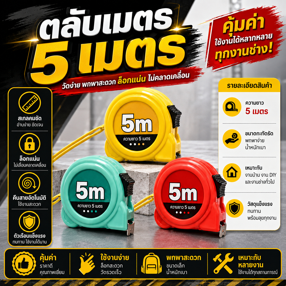 ตลับเมตรพกพา ยาว 5 เมตร ตลับเมตรหุ้มยาง หนาอย่างดี คุณภาพดี ทนทาน มาพร้อมตัวล็อคสายวัด