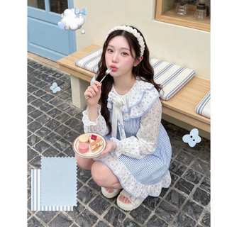 (มี3XL) Maria Diamond สีฟ้า Baby Blue Dress เดรสสั้นผ้าคอตตอนแขนยาวตัดต่อแขนชีฟอง แต่งโบว์หน้า ซิปหลัง มีซับใน