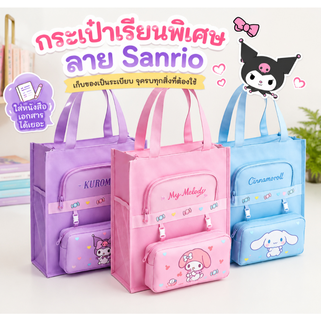 กระเป๋าเรียนพิเศษลาย Sanrio กระเป๋าหนังสือนักเรียน รองรับเก็บเอกสารและเครื่องเขียนได้ครอบคลุม